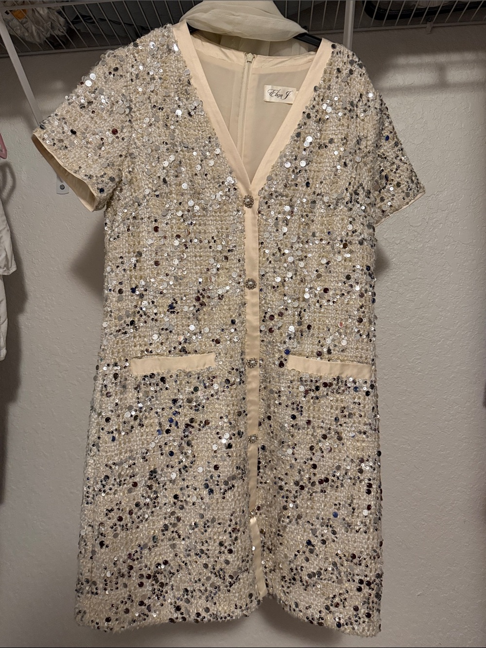 Eliza J Cream Sequin Tweed Dress